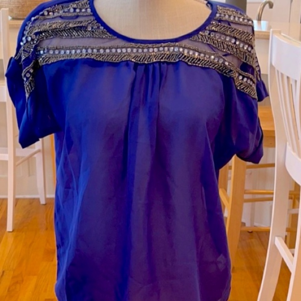 Romeo and Juliet royal blue top with gold & silver beaded trim.